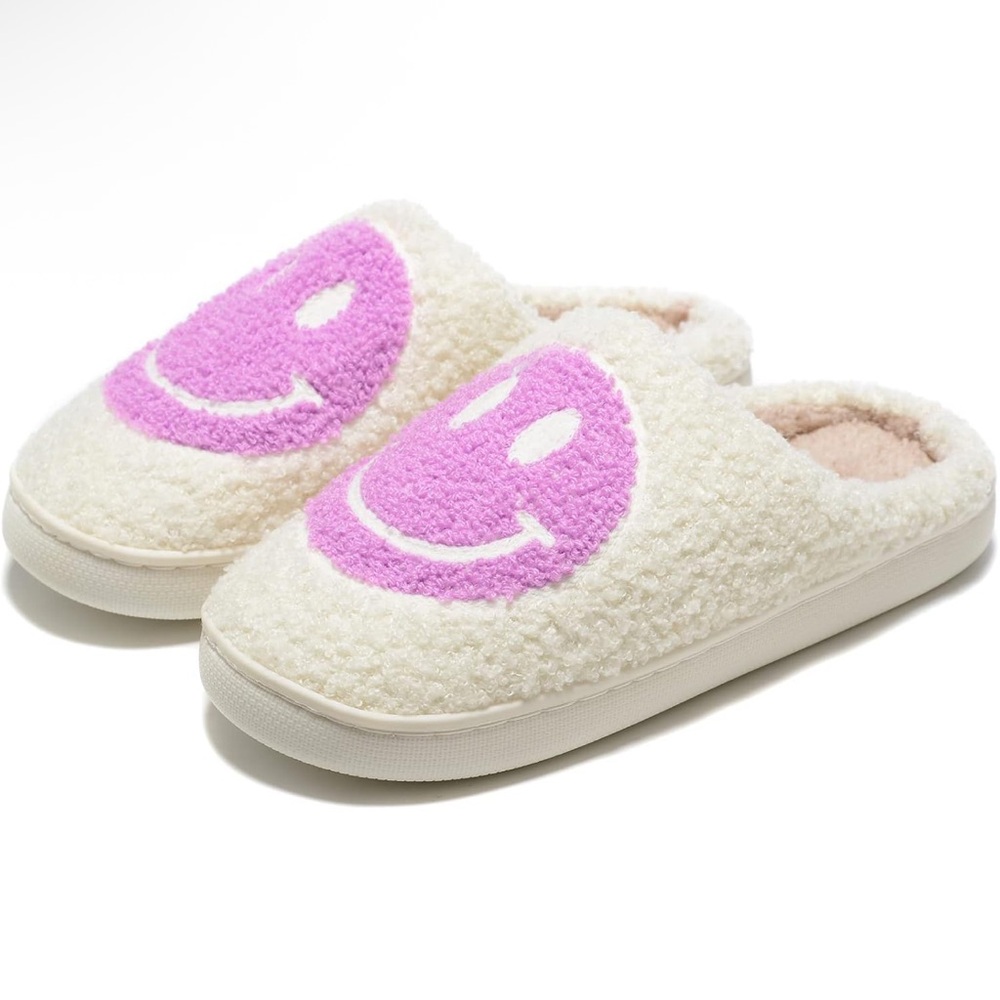 New Cozy Women’s Cream and Purple Smiley Slippers